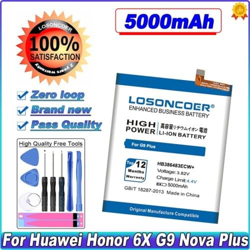LOSONCOER 4900mAh HB386483ECW+ Battery For HuaWei MaiMang 5 G9 Plus MLA-AL00 MLA-AL10 Honor 6X G9Plus Phone Battery~In Stock