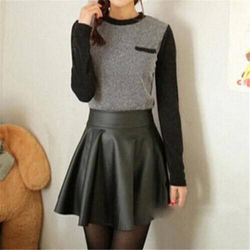 Fashion Womens Leather High Waist Skirts Slim Pleated Flared Skater Mini Skirt Pleated Flared Autumn/Winter Casual Mini Skirt