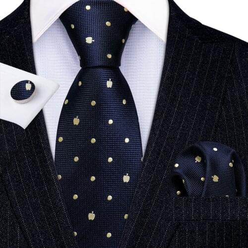 Fashion Navy Blue Apple Dot 100% Silk Tie Gifts For Men Gifts Suit Wedding Tie Barry.Wang NeckTies Hanky Sets Business LN-5337