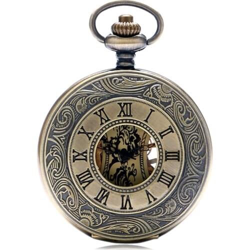 Bronze Roman Numerals Case Steampunk Pocket Watch Skeleton Mechanical Handwinding Watches with Fob Pendant Chain Gift To Men