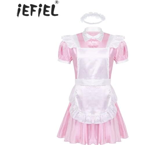 Mens Male Sissy Maid Halloween Cosplay Costume Puff Sleeve Front Button Down Dress with Apron and Headband for Adults Role Play
