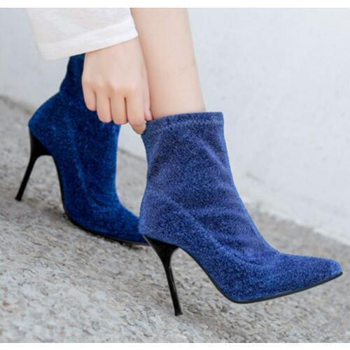 2019 new womens shoes Europe and America high-heeled elastic cloth socks boots pointed shiny matte boots women