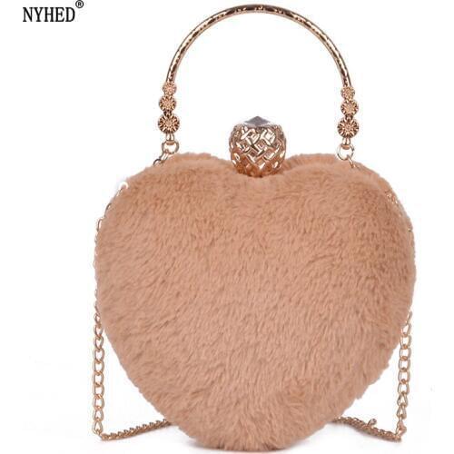 NYHED New Minaudiere Evening Bags For Women 2018 Winter Heart Box Party Chains Handbags Lady Plush Pouch