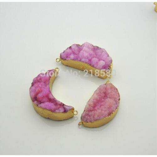 L150108005 Half Moon Pink Druzy Crystal Charm Pendants Connectors with Double Gold Electroplated Edge