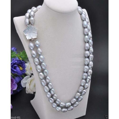 2 Rows 10-11mm Natural Gray Rice Freshwater Cultured Pearl Necklace 18-19'' AAA