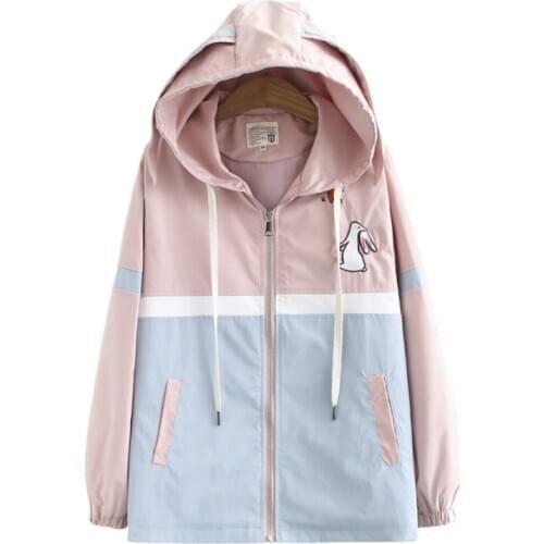 Cartoon Rabbit Embroidery Zipper Coat Sweet Style Loose Womens Hooded Jackets And Coats With Ears On Hood 2020 Summer Cute Tops