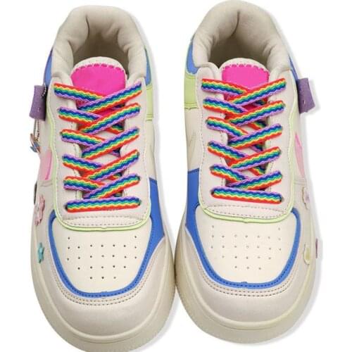 Rainbow Colorful Flats Shoelaces Off Sneaker White Shoelace Classic Hollow Woven Shoe laces For AJ/AF Stitching Creative String