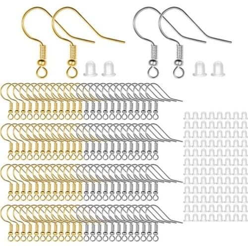 200Sets Hypoallergenic Fish Earring Hooks Ear Wires with Clear Silicone Earring Backs Stoppers for DIY Jewelry Making Finding