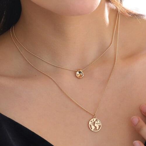 TIMEONLY Statement Hollow Coin World Map Pendant Necklace Shinning Rhinestone Linked Chain Necklace Engagement Gift for Women