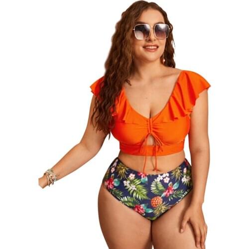 Women Summer Bikini Plus Size XL-4XL Floral Printed Swimwear Ruffled Short Sleeve Split Beachwear Hollow Out Sexy Bathing Suits