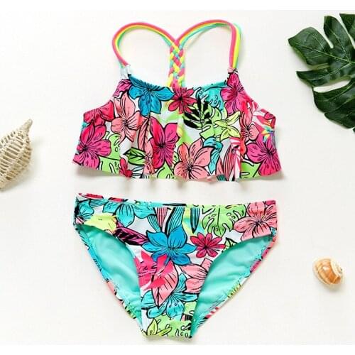 4-18 Years Girl Swimsuit Kids Tropical Two Piece Childrens Swimwear Cross Back Girl Bikini Set Bow Tie Girls Bathing Suit 2021