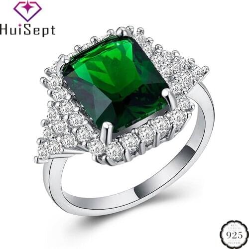 HuiSept 925 Silver Ring for Women Wedding Rectangle Shape Emerald Zircon Gemstone Vintage Jewelry Ornaments Gift Wholesale Rings