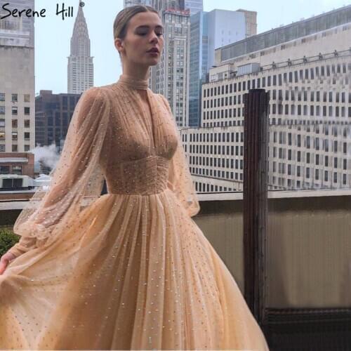 Gold Crystal High Neck Sexy Evening Dresses 2020 Long Sleeve A-Line Tulle Formal Dress Women Elegant Design Serene Hill BLA70512