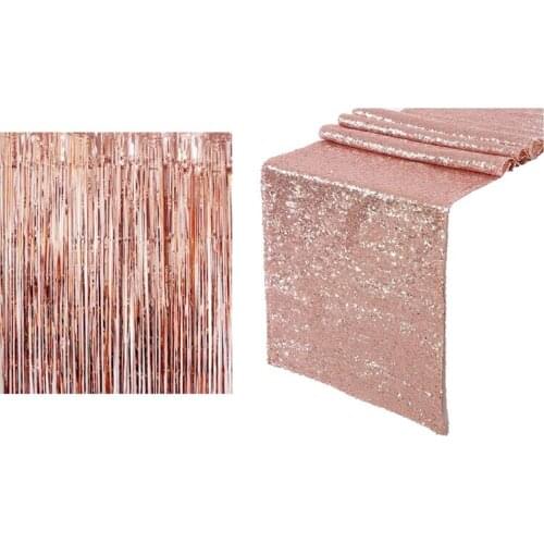1 Pcs Sparkly Rose Gold Sequin Table Runners 12X71 Inch Shimmer Table & 1 Pcs 1X3M Thick Rain Silk Curtain