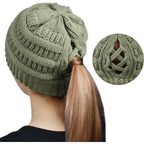 1 PCS 22*20 CM Women Solid Color Knitting Wool Caps Fashion Warm Cross Ponytail Hats Outdoor Sports Girls Headwear Birthday Gift