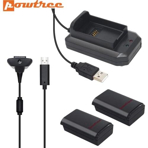 Powtree 2Pcs Batteries+USB Charging Charger Cable For Xbox 360 Wireless/ Wired Controller Bateria Rechargeable Battery Pack