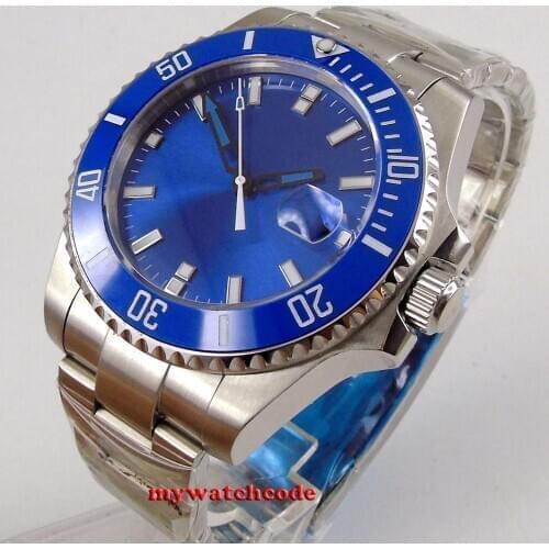 43mm Bliger Blue Dial Sapphire Glass ceramic bezel 316L stainless steel case atometic Mens Watch date window