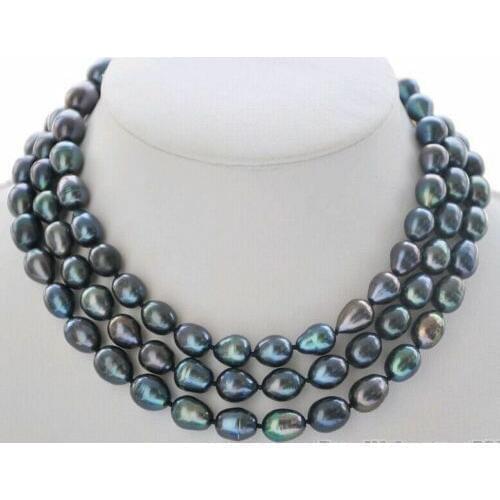 9-10mm peacock black rice freshwater cultured pearl necklace