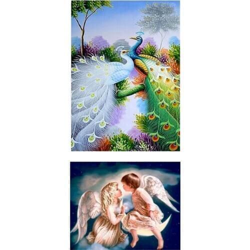 BMBY-2 Set 5D Diamond Embroidery Full Rhinestones Cross Stitch Diy Diamond Painting Home Decor, Peacock & Angel Boy and Girl