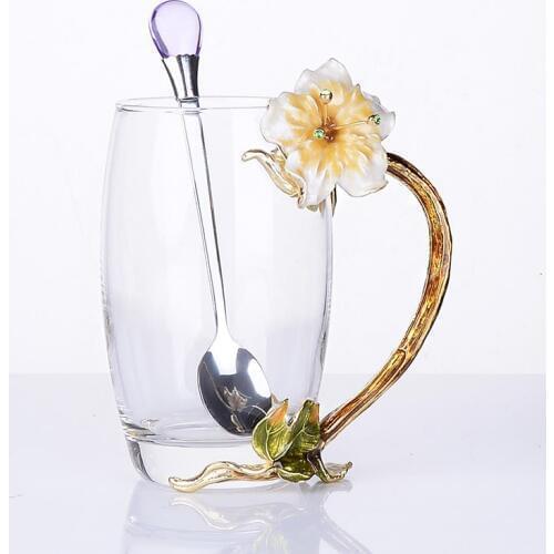 Enamel Color Cup Suit Crystal Flower Mother Gift Packing Tea Set Scented Coffee Red Wine Breakfast Glass Mug 2/kits Handmade