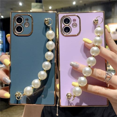 Square Plating Pearl Chain Wristband Phone Case For iPhone 12 11 Pro Max XS Max XR X 7 8 Plus 12 Mini Shockproof Soft Back Cover