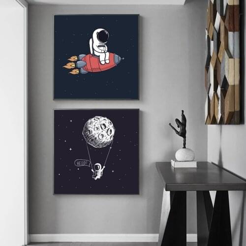 Childrens Room Decoration Cartoon Art Hand-painted Canvas Painting Poster and Rocket Astronaut Space Doodle Pattern