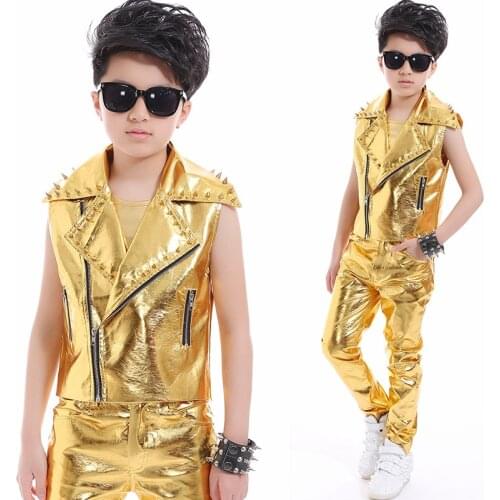 Children Jazz Boys Stage Gold Costume Rivet Jacket Vest Pants Street Dance Outfit Hiphop Modern Catwalk Singer Clothing DNV14069