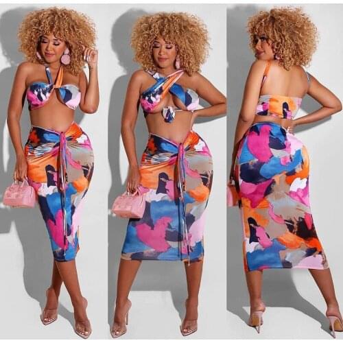 Echoine Printed Halter Top And Drawstring Ruched Skirt Sexy Night Club Wear Two Piece Skirt Set For Women Bandage Matching Set