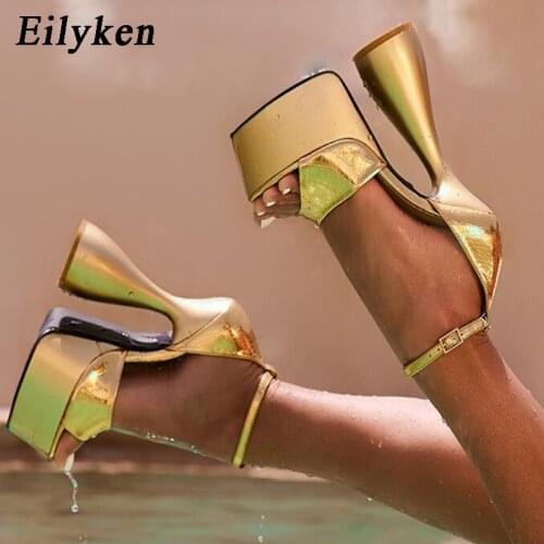 Eilyken Fashion Golden Stripper Sandals Women Party Shoes Summer Sexy Peep Toe Platform Ankle Buckle Strap Strange High Heels