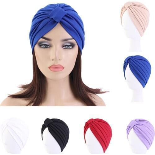 India Muslim Pleated Solid Color Women Cancer Hat Chemo Cap Hair Loss Head Scarf Turban Head Wrap Beanie Cover Bonnet Fashion