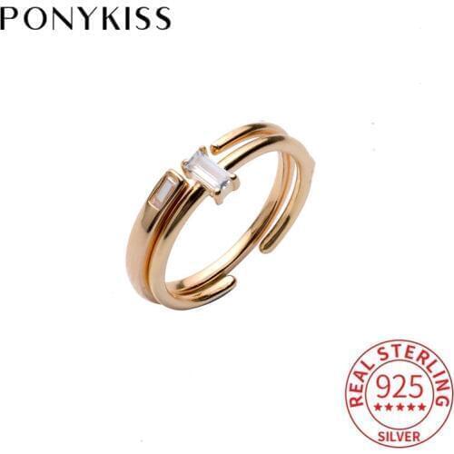 PONYKISS S925 Sterling Silver Square decoration adjustable open Ring for Women Fine Jewelry Accessory Girl Party Gift