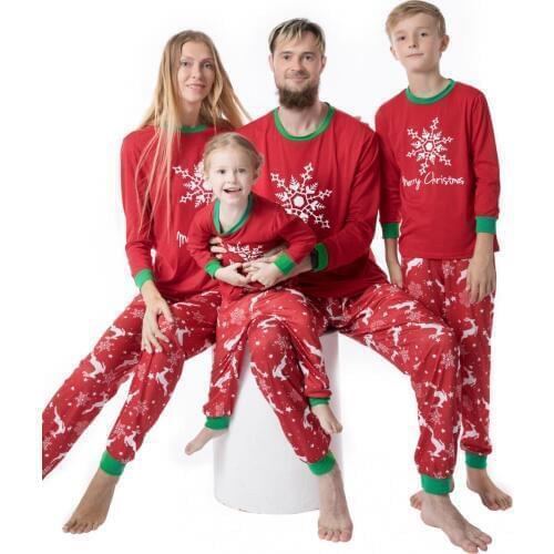 Family 2019 Christmas Mom Dad Kids Family Matching Sets Red Tops Christmas Print red Pants X'mas Pajamas Family Clothing Sets