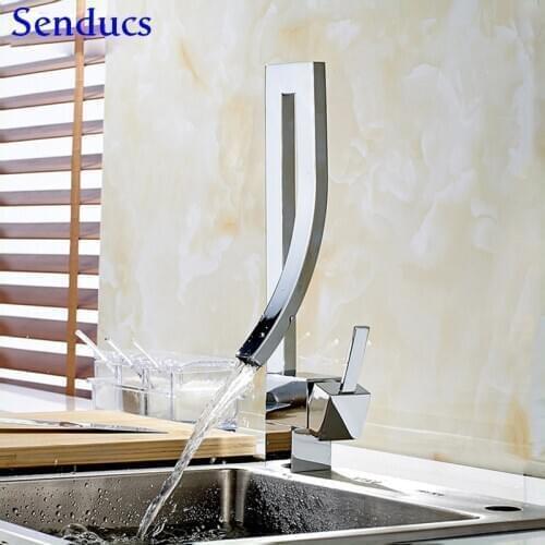 Senducs Creative Square Kitchen Faucet Quality Polished Chrome Kitchen Mixer Tap Deck Mounted Hot Cold Chrome Kitchen Faucets