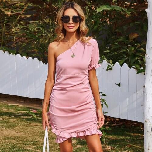Fashion Dress Pleated Diagonal Collar Shirring Ruffles Sexy Mini Dress Summer Inclined Shloulder Slim Vestidos Mujer