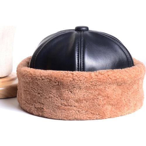 Mens Womens Real Leather Real Fur Winter Warm Thick lining Skullcap Beanies Beret Round Hat Brimless Caps/Hats