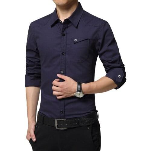 Mens Cotton Dress Shirts Long Sleeve Solid Casual Shirts Slim Fit Men Non-Iron Shirt Gentlemen Military Shirts Camisa TS-122