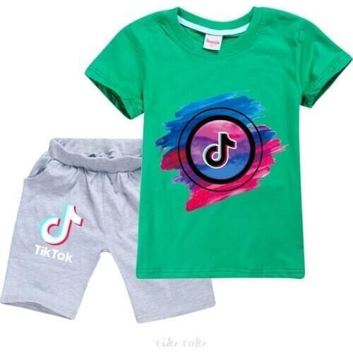 2021 Tik Tok Our Summer New Hot-selling Short-sleeved Childrens T-shirt Top + Shorts Two-piece Boy and Girl Childrens Clothes