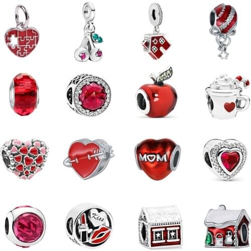 New Red Apple Love Heart Zircon Fashion Beads Fit Original Pandora Charms Silver Color Bracelet Bangle Women Jewelry Accessories