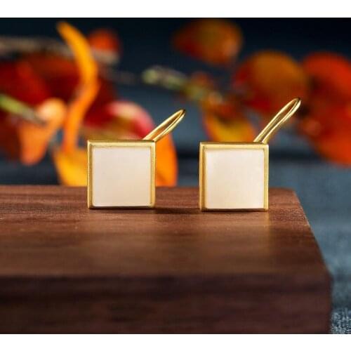 New silver inlaid natural Hetian white jade Square Earrings Chinese style retro unique ancient gold craft womens brand jewelry