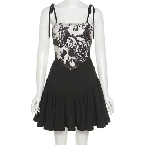 Summer new style contrast color slim high waist fashion print sexy hollow out suspender dress