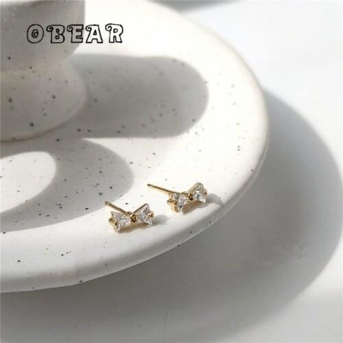 OBEAR 14K Real Gold Plated Exquisite Bow Crystal Design Stud Earring Women Noble Elegant Wedding Jewelry