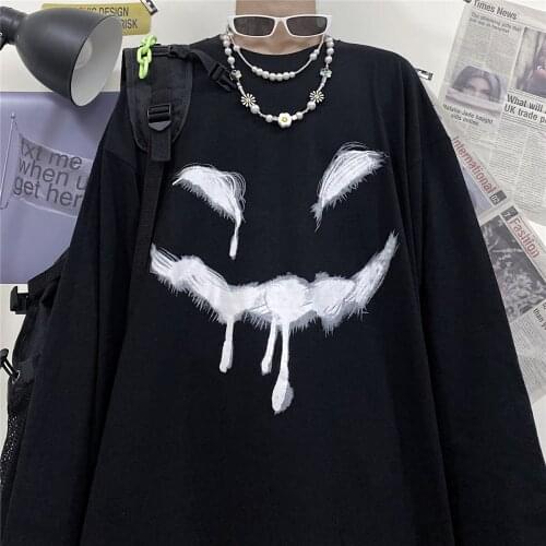 Harajuku Autumn New Cartoon Printing Hip-hop T-shirt Personality Hand-painted Graffiti Long-sleeved T-shirt Men Women Top Tees