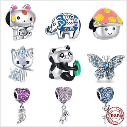 The new Silver Shiny Panda Elephant Fox Deer Butterfly Fit Pandora Charm Silver 925 Original Bracelet DIY Jewelry For Women