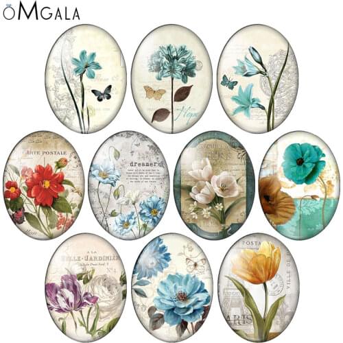 Retro Vintge Flowers Plants Pattern 10pcs mixed 13x18mm/18x25mm/30x40mm Oval photo glass cabochon demo flat back Making findings