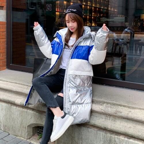 Thick Warm Waterproof Women Jacket Coat Female Long 2021 Winter New Fashion Silver Shiny 90% White Duck Down Splicing Hooded