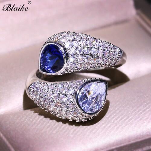 Blaike Unique Silver Color Geometric Rings For Women Blue Zircon Party Bands Ring Jewelry Gifts Free Shipping