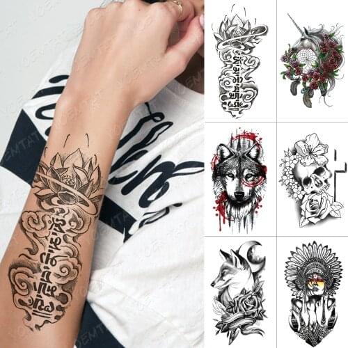 Waterproof Temporary Tattoo Sticker Buddhist Lotus Unicorn Wolf Skull Flash Tattoos Tribal Body Art Arm Fake Tatoo Women Men