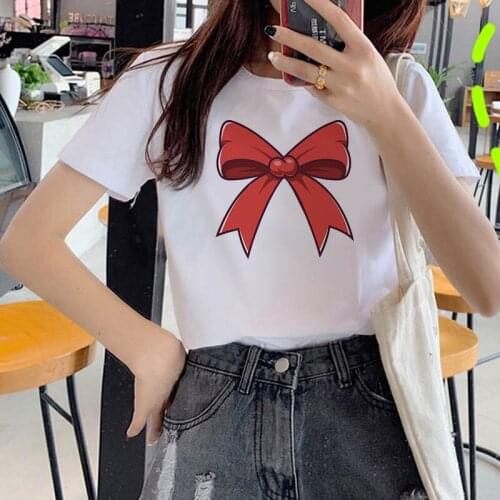 Womens T-shirt cartoon bow T-shirt short sleeve print casual womens clothing tops graphic T-shirt Harajuku shirt women