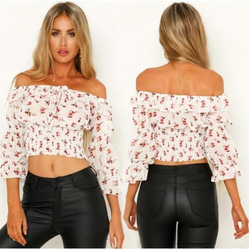 COLDKER woman casual shirt slash neck short tops summer cloth for ladies casual print clothing female