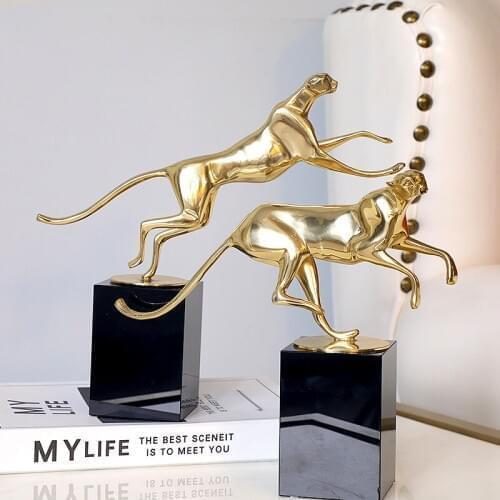Gold Copper Leopard Retro Sculpture Black Squear Crystal Statuette Home Decor Art Gift Figurines Home Decoration Accessories